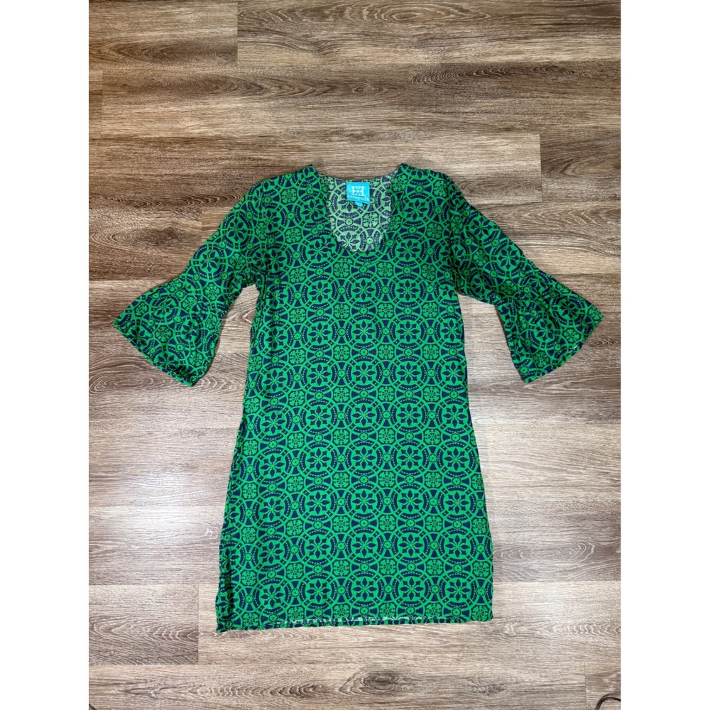 Escapada Green Navy Medallion Print Bell Sleeve Rayon‎ Shift Dress Womens Small